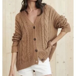 Jenni Kayne Cotton Cable Knit Fisherman Cardigan Sweater Size L Oversized Brown